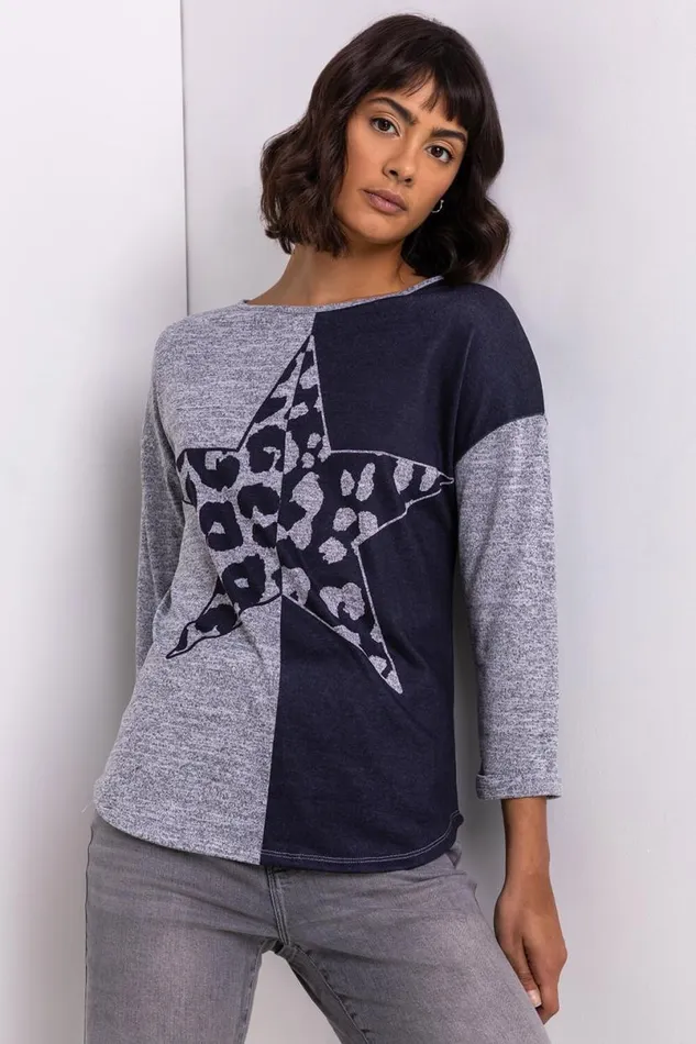 Navy Contrast Animal Print Soft Knit Jersey Top Women Roman Tops