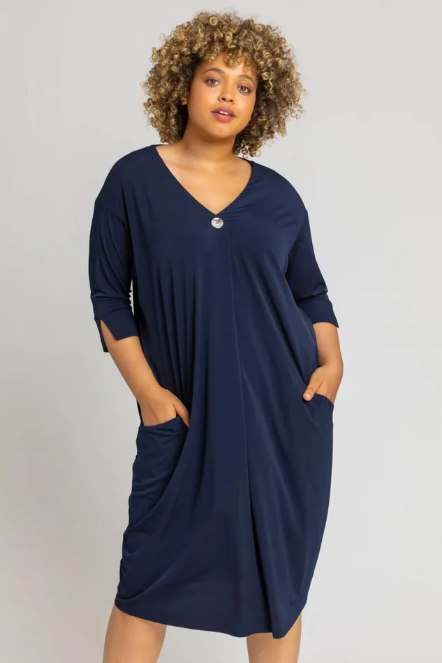 Navy Curve Button Detail Cocoon Dress Women Roman Dresses