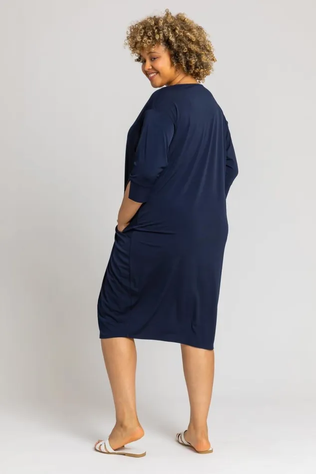 Navy Curve Button Detail Cocoon Dress Women Roman Dresses