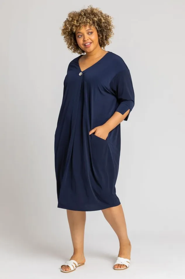 Navy Curve Button Detail Cocoon Dress Women Roman Dresses