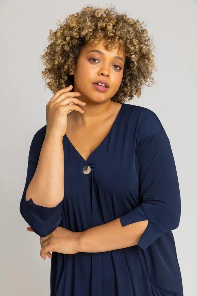Navy Curve Button Detail Cocoon Dress Women Roman Dresses