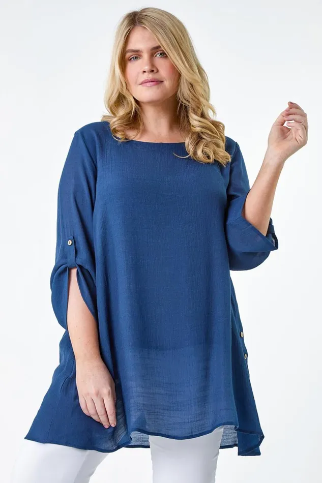 Navy Curve Button Detail Woven Top Women Roman Tops