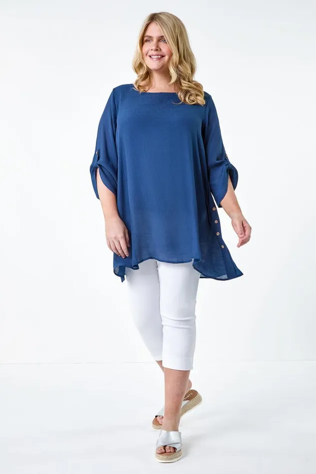 Navy Curve Button Detail Woven Top Women Roman Tops
