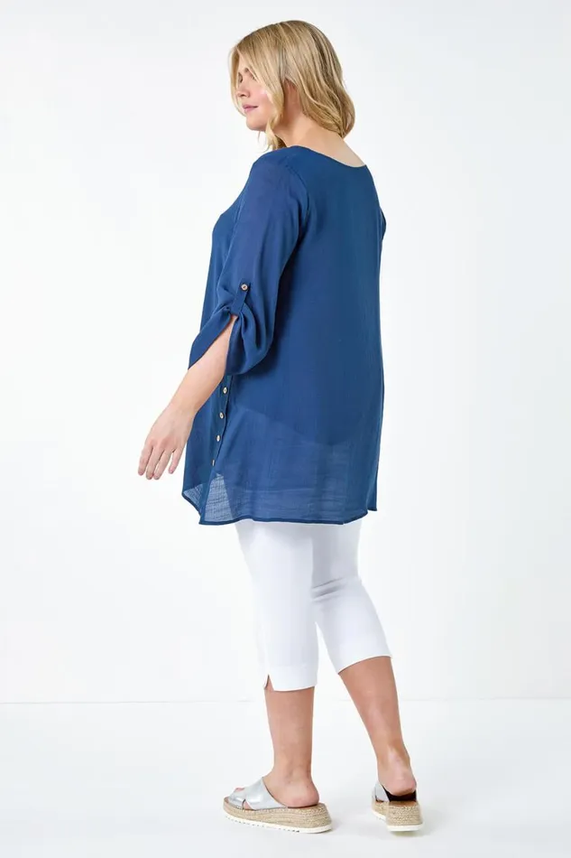 Navy Curve Button Detail Woven Top Women Roman Tops