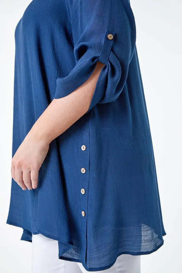 Navy Curve Button Detail Woven Top Women Roman Tops