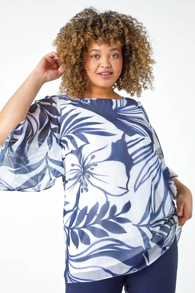 Navy Curve Leaf Print Chiffon Overlay Top Women Roman Tops