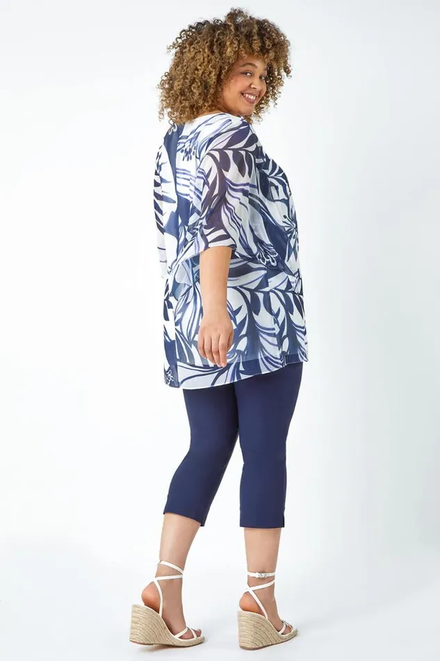 Navy Curve Leaf Print Chiffon Overlay Top Women Roman Tops