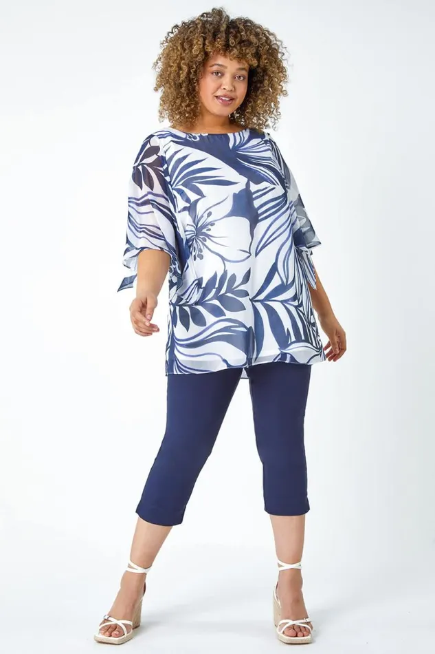 Navy Curve Leaf Print Chiffon Overlay Top Women Roman Tops