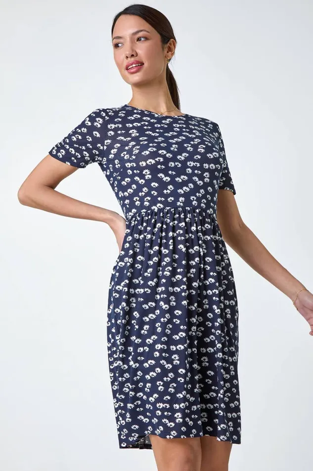 Navy Ditsy Floral Stretch Dress Women Roman Dresses