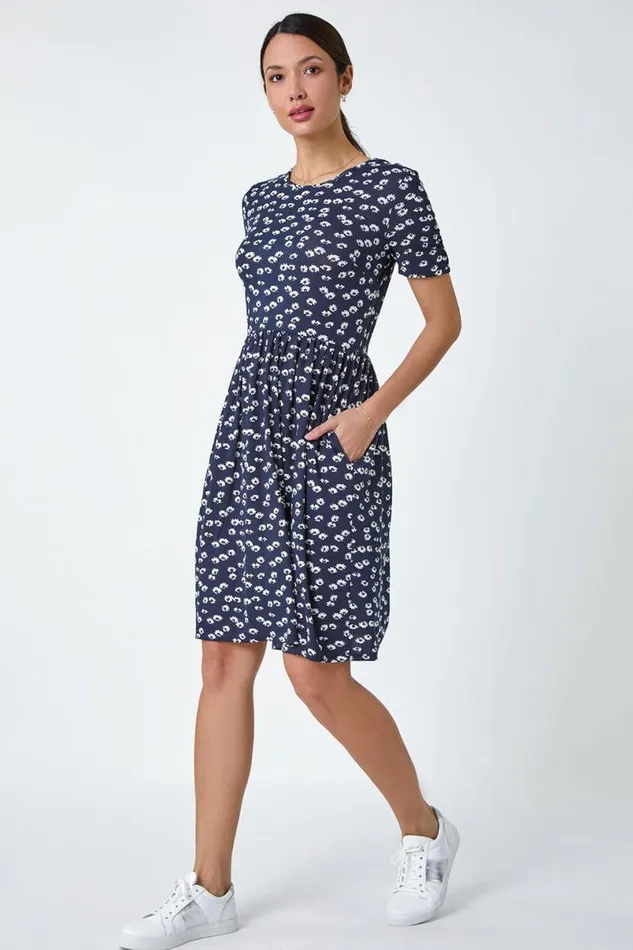 Navy Ditsy Floral Stretch Dress Women Roman Dresses