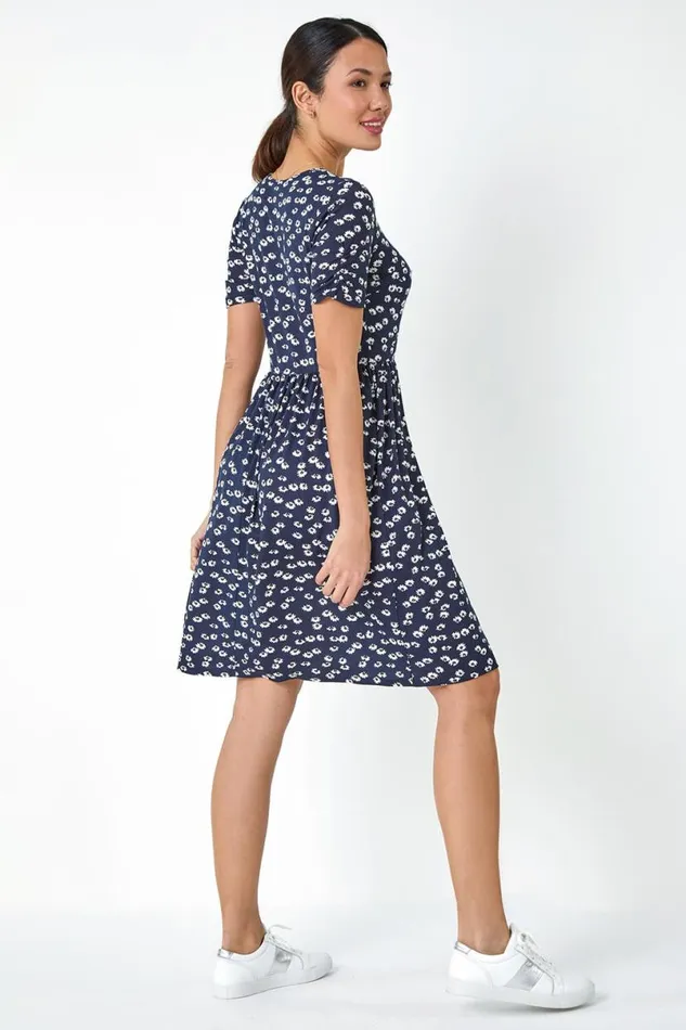Navy Ditsy Floral Stretch Dress Women Roman Dresses