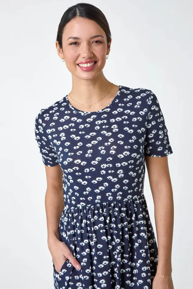Navy Ditsy Floral Stretch Dress Women Roman Dresses