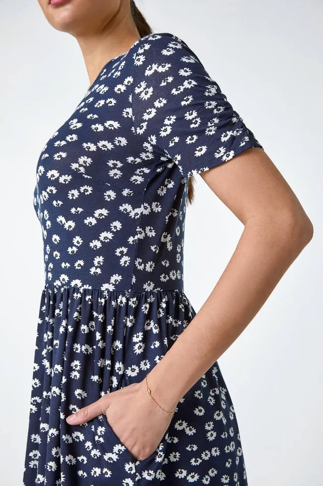 Navy Ditsy Floral Stretch Dress Women Roman Dresses