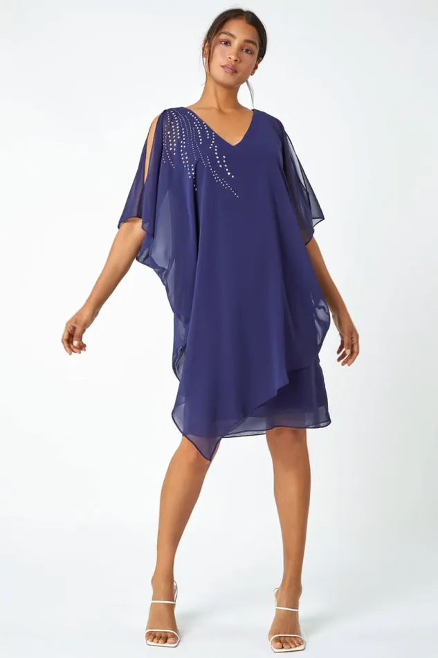 Navy Embellished Cold Shoulder Overlay Dress Women Roman Dresses