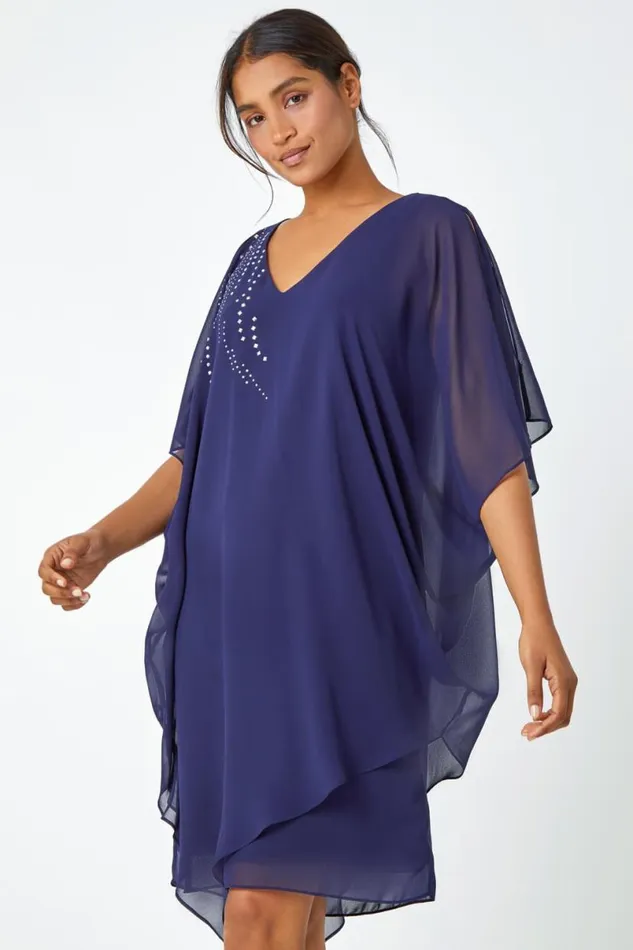 Navy Embellished Cold Shoulder Overlay Dress Women Roman Dresses