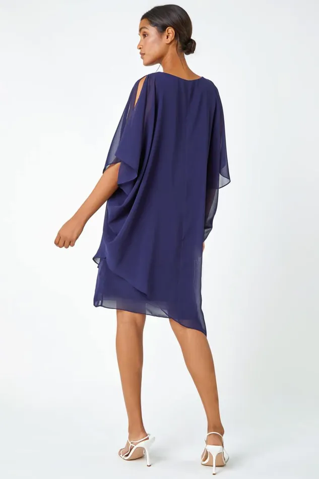 Navy Embellished Cold Shoulder Overlay Dress Women Roman Dresses