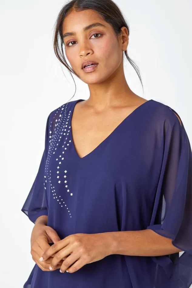 Navy Embellished Cold Shoulder Overlay Dress Women Roman Dresses