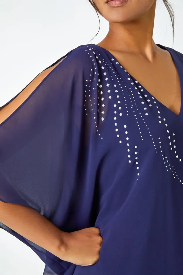 Navy Embellished Cold Shoulder Overlay Dress Women Roman Dresses