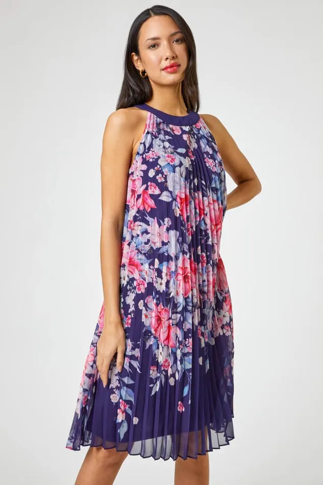 Navy Floral High Neck Pleated Chiffon Swing Dress Women Roman Dresses