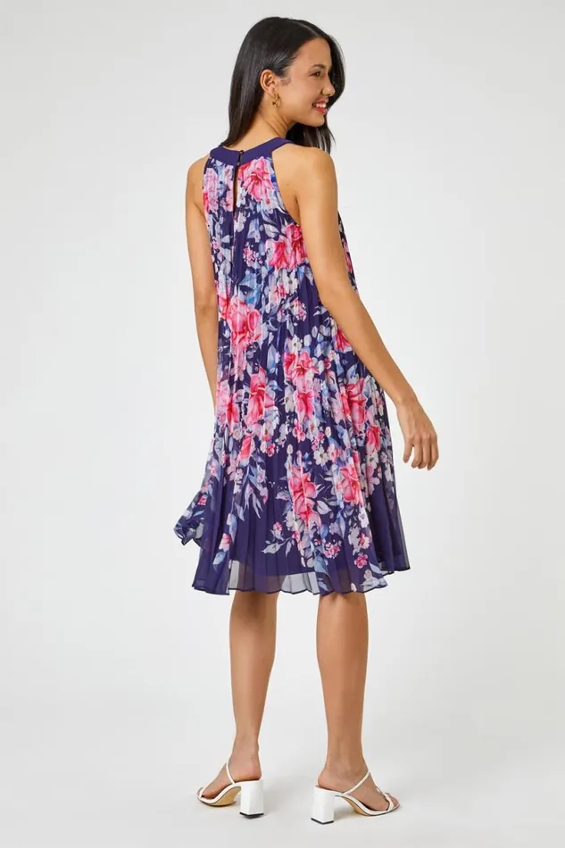 Navy Floral High Neck Pleated Chiffon Swing Dress Women Roman Dresses