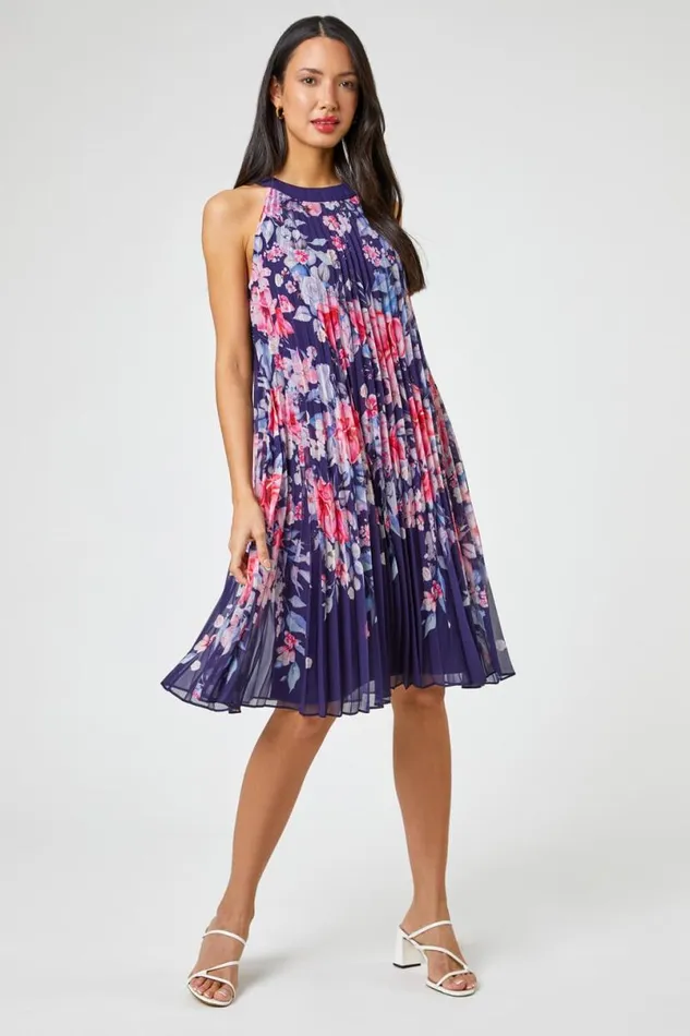 Navy Floral High Neck Pleated Chiffon Swing Dress Women Roman Dresses