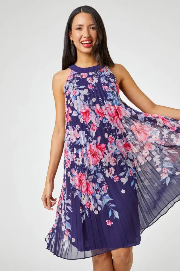 Navy Floral High Neck Pleated Chiffon Swing Dress Women Roman Dresses