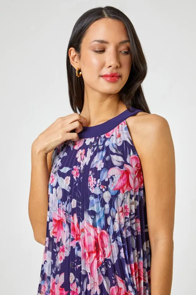Navy Floral High Neck Pleated Chiffon Swing Dress Women Roman Dresses