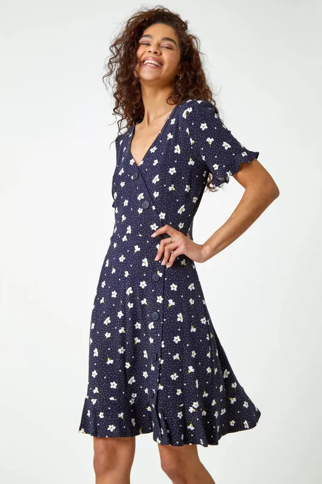 Navy Floral Jersey Stretch Tea Dress Women Roman Dresses