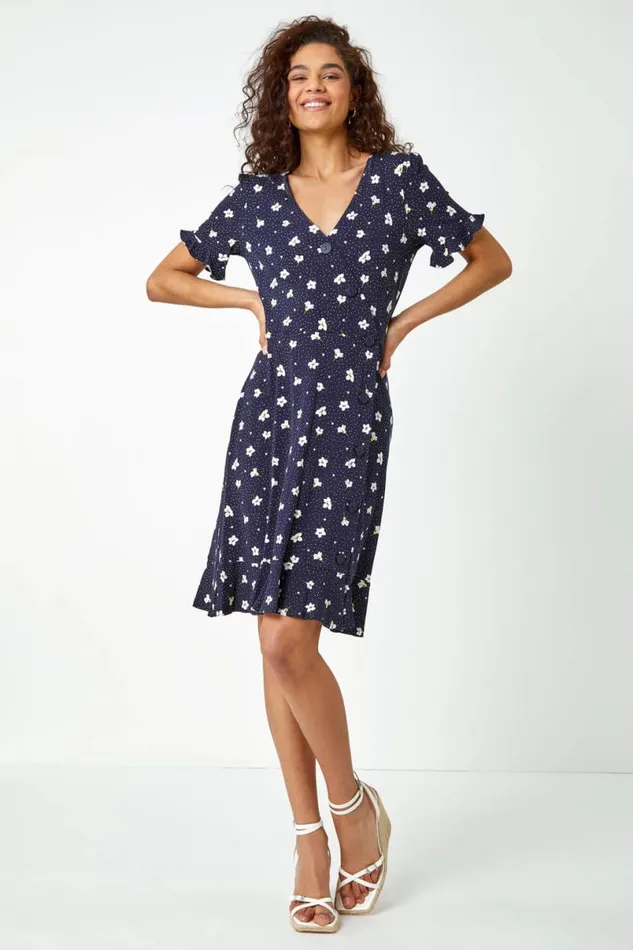 Navy Floral Jersey Stretch Tea Dress Women Roman Dresses