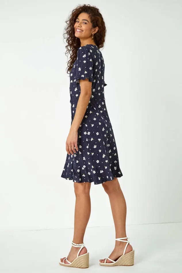 Navy Floral Jersey Stretch Tea Dress Women Roman Dresses