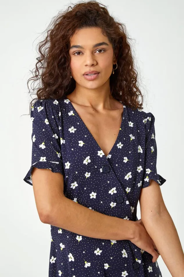 Navy Floral Jersey Stretch Tea Dress Women Roman Dresses
