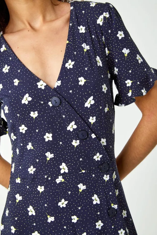 Navy Floral Jersey Stretch Tea Dress Women Roman Dresses