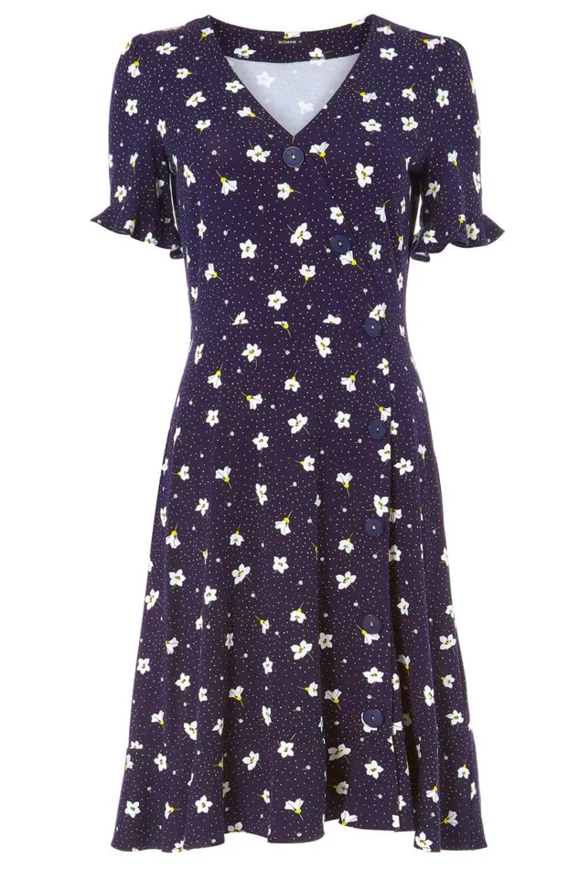 Navy Floral Jersey Stretch Tea Dress Women Roman Dresses
