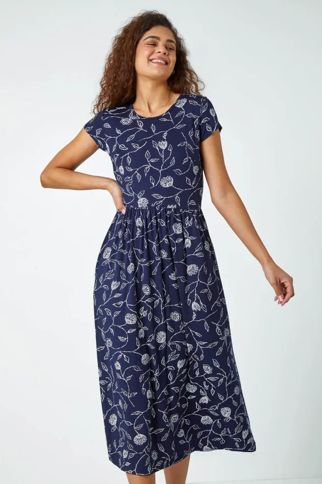 Navy Floral Print Midi Stretch Dress Women Roman Dresses