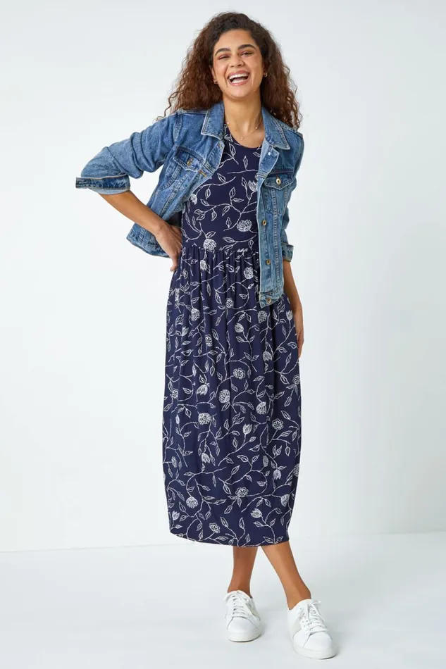 Navy Floral Print Midi Stretch Dress Women Roman Dresses