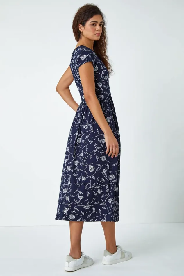 Navy Floral Print Midi Stretch Dress Women Roman Dresses