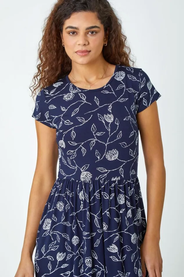 Navy Floral Print Midi Stretch Dress Women Roman Dresses