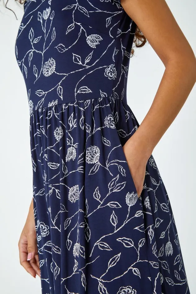 Navy Floral Print Midi Stretch Dress Women Roman Dresses