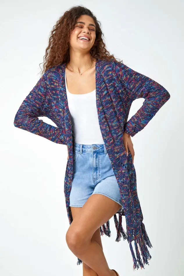 Navy Fringed Hem Mixed Yarn Longline Cardigan Women Roman Knitwear