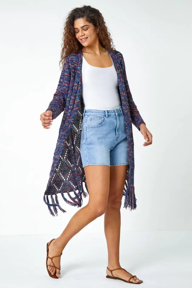 Navy Fringed Hem Mixed Yarn Longline Cardigan Women Roman Knitwear