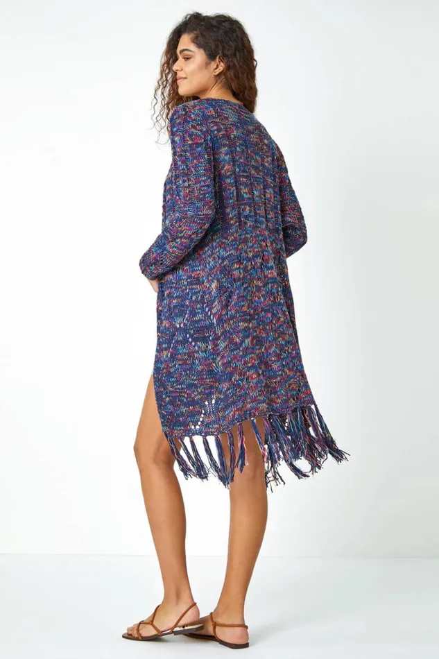 Navy Fringed Hem Mixed Yarn Longline Cardigan Women Roman Knitwear