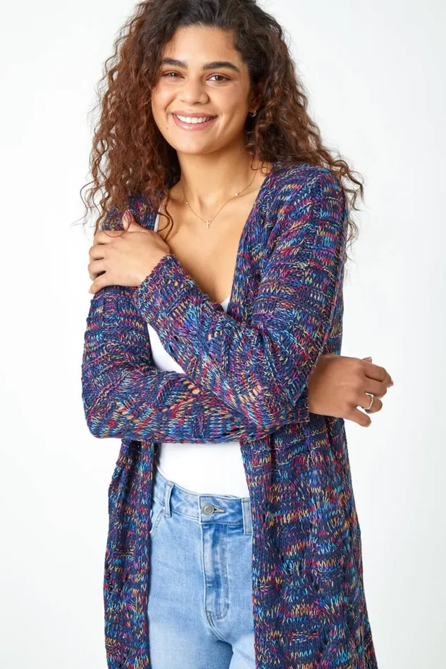Navy Fringed Hem Mixed Yarn Longline Cardigan Women Roman Knitwear