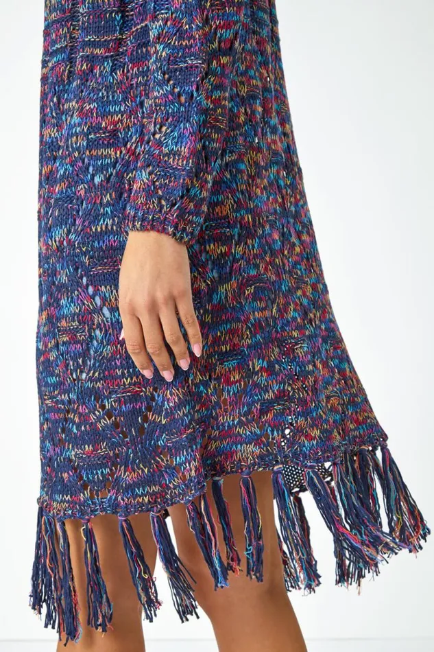 Navy Fringed Hem Mixed Yarn Longline Cardigan Women Roman Knitwear