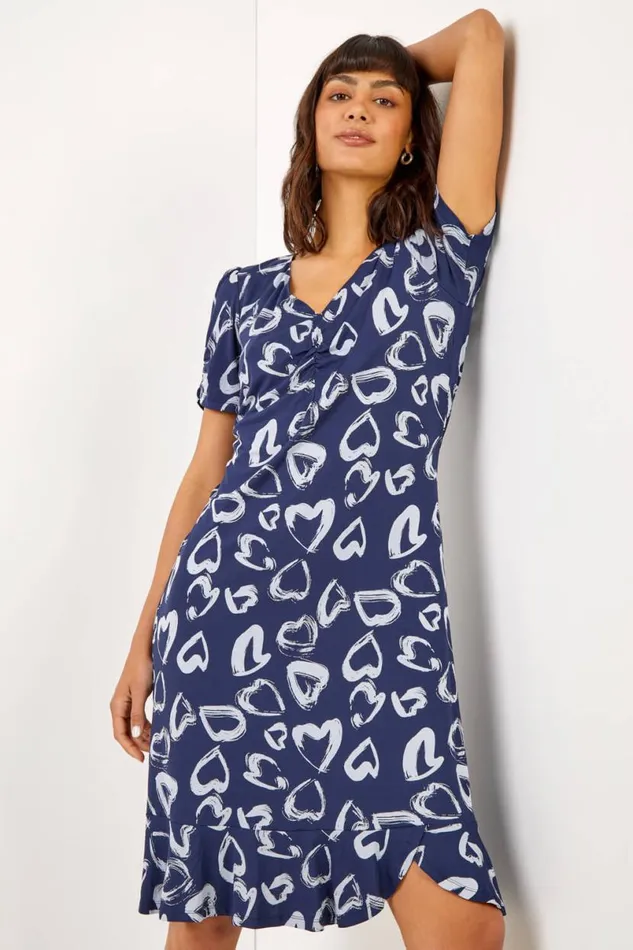 Navy Heart Print Frill Jersey Dress Women Roman Dresses