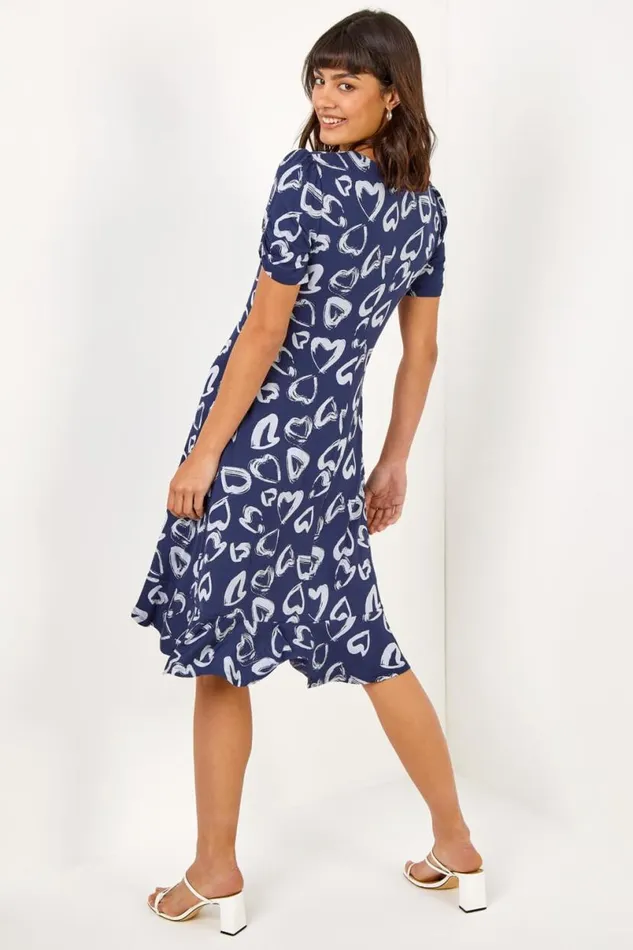 Navy Heart Print Frill Jersey Dress Women Roman Dresses