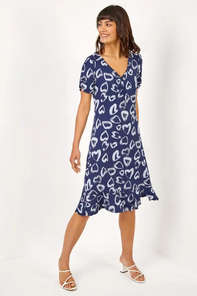 Navy Heart Print Frill Jersey Dress Women Roman Dresses