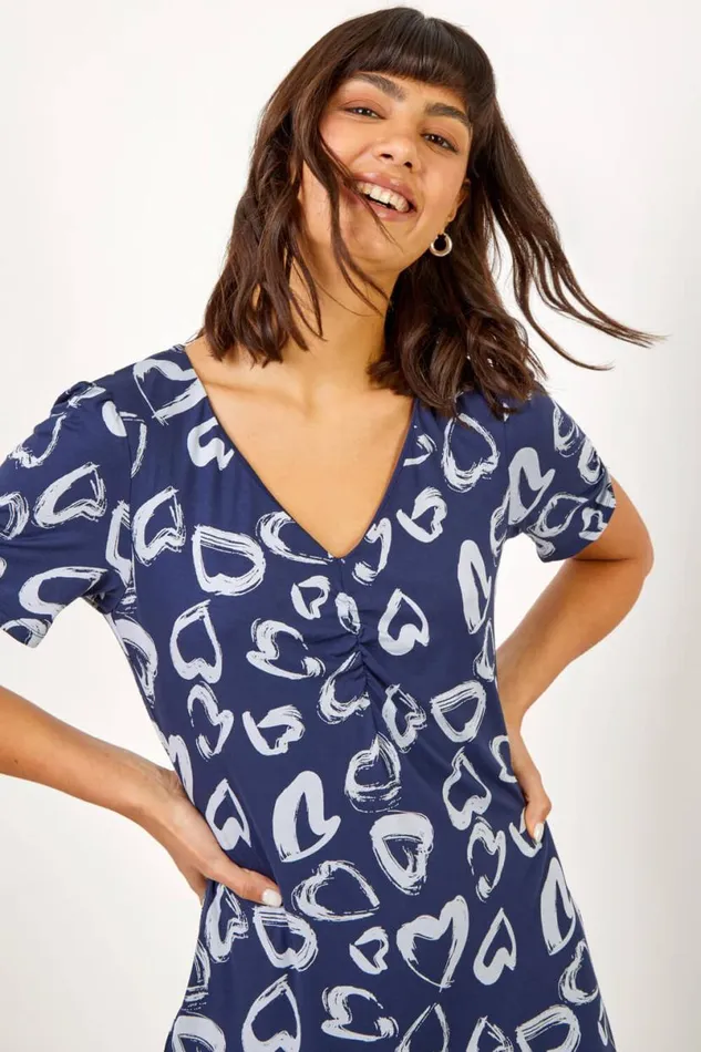 Navy Heart Print Frill Jersey Dress Women Roman Dresses