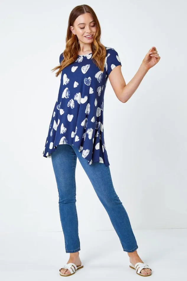 Navy Heart Print Hanky Hem Tunic Women Roman Tops