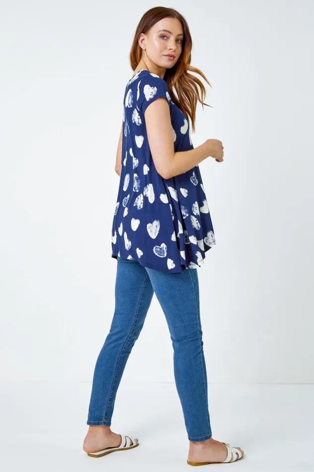 Navy Heart Print Hanky Hem Tunic Women Roman Tops