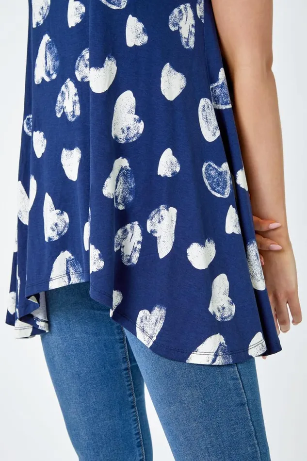 Navy Heart Print Hanky Hem Tunic Women Roman Tops